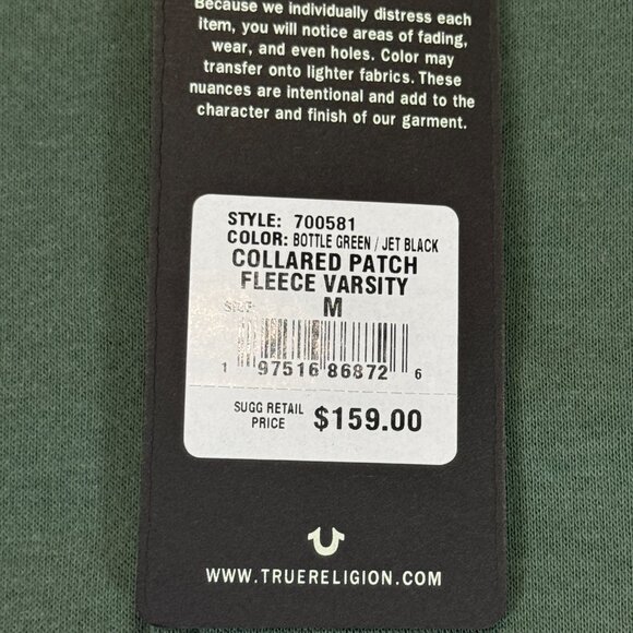 True Religion Men's Collared Patch Fleece Varsity Jacket Medium Green Black NWT - Picture 8 of 15